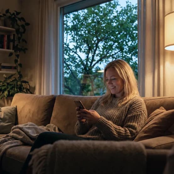 Kvinne sitter i sofaen og sammenligner varmepumper og tilbud på mobilen